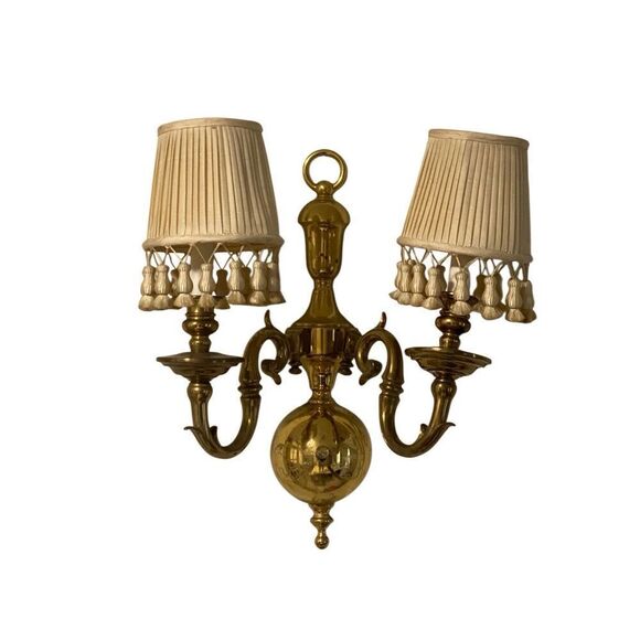 Dutch Baroque Style Solid Brass Two Light Sconce with Shades Vintage - Picture 1 of 7